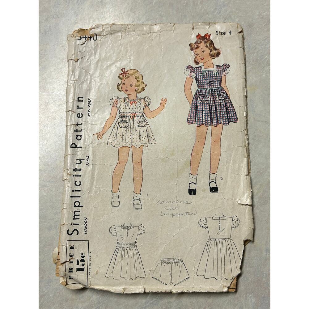 Vintage 1940's Simplicity Pattern #3440 Child's One-Piece Dress /Panties‎ Size 4